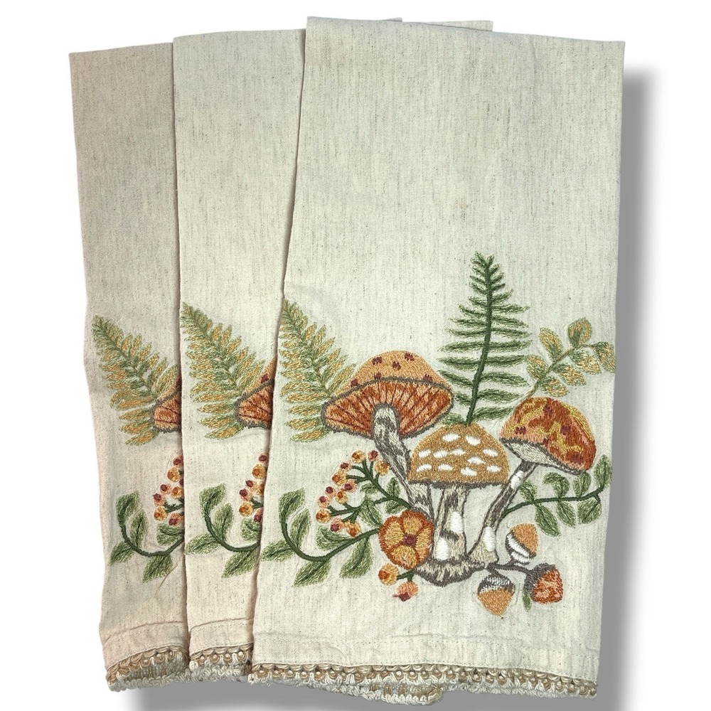 World Market Embroidered Wildflowers Mushrooms Kitchen Towels (3) New w/out Tags
